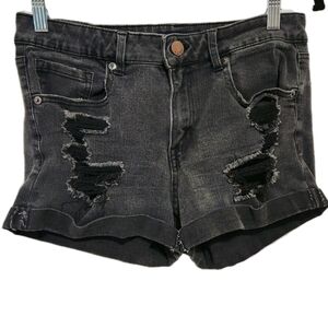 Aero Women's 10 High Rise Midi Distressed Washed Black Shorts Cuffed Grunge